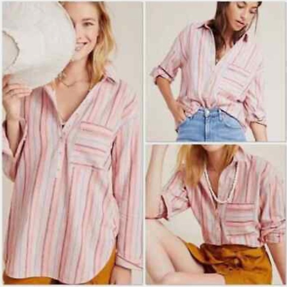 Anthropologie Maeve Lida Linen Striped Buttondown Top Tunic Blouse Size M Pink - Picture 1 of 8